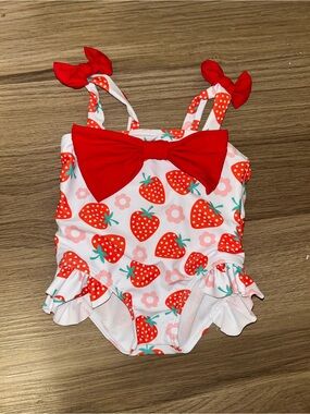 SHEIN White and Red Strawberry Print One-Piece Swimsuit